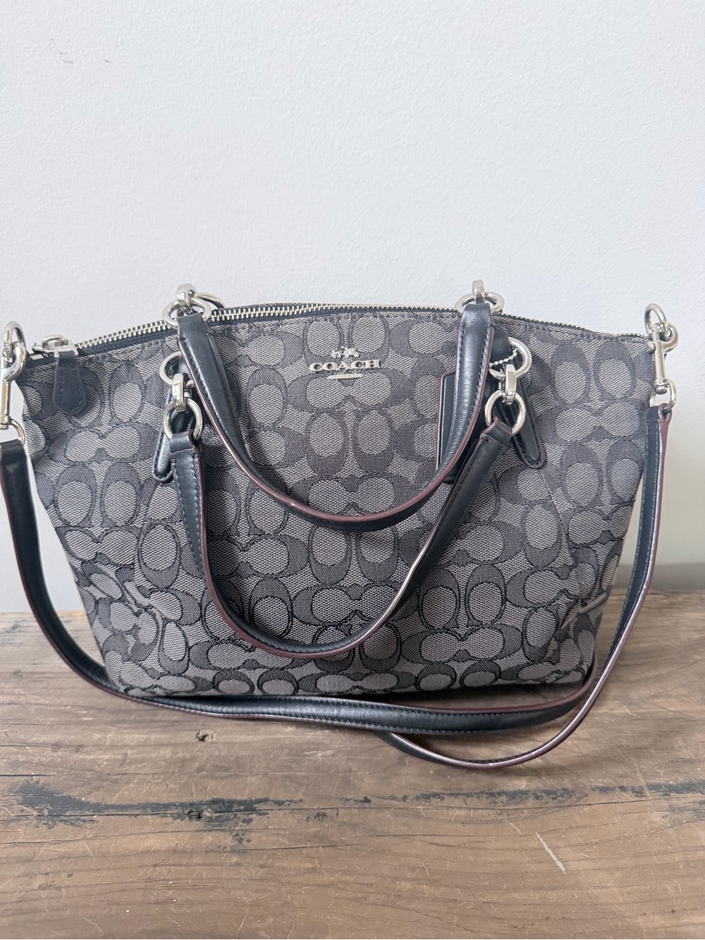 Coach Gray Signature Canvas Kelsey Satchel Bag with Black Leather Trim and Strap
